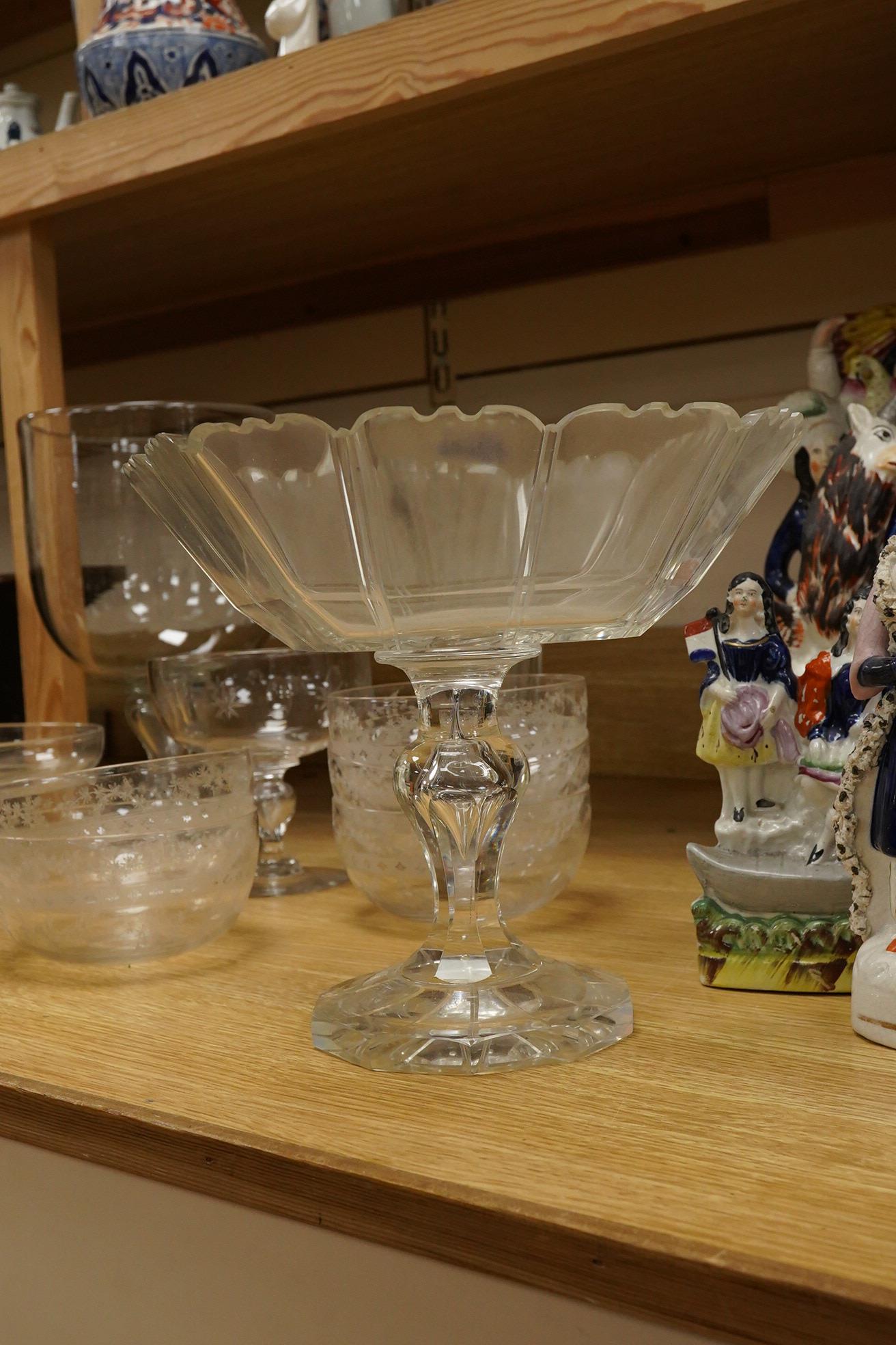 A group of 19th century and later glass; including a set of finger bowls, a comport and large glass celery style vase-29cm high (10)